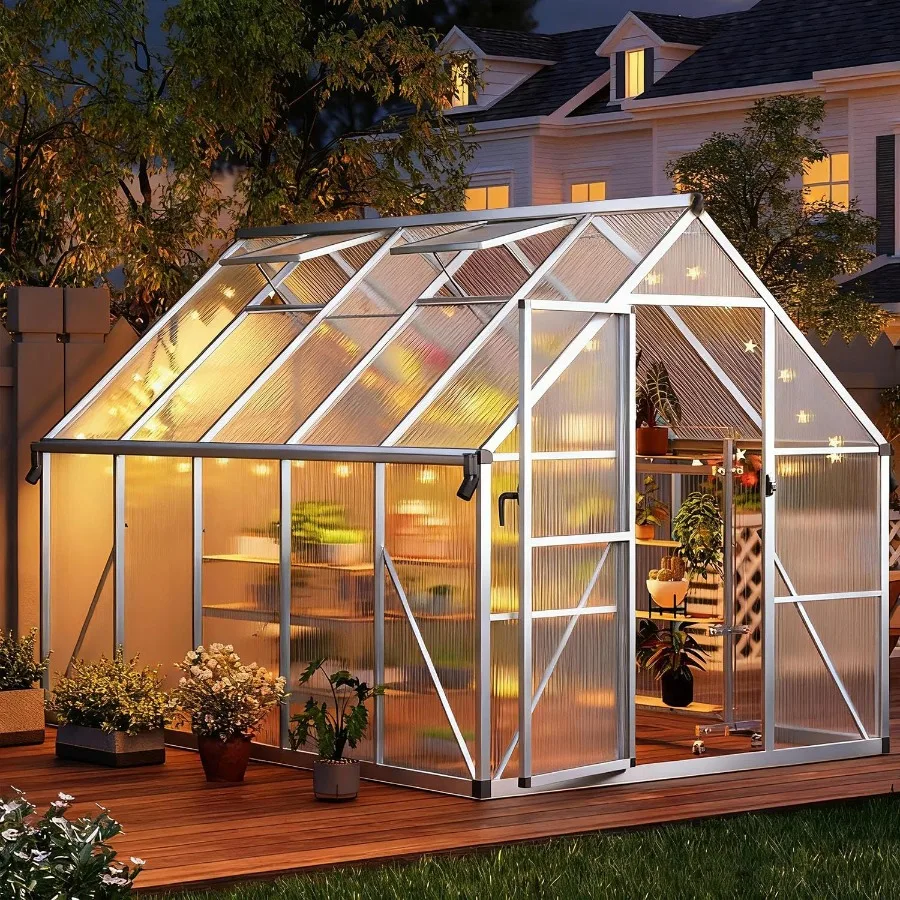 

IDEALHOUSE 8X10 FT Greenhouse for Outdoors Lockable Door and Ajustable Roof Vent Polycarbonate Greenhouse with Water Gutter Sys