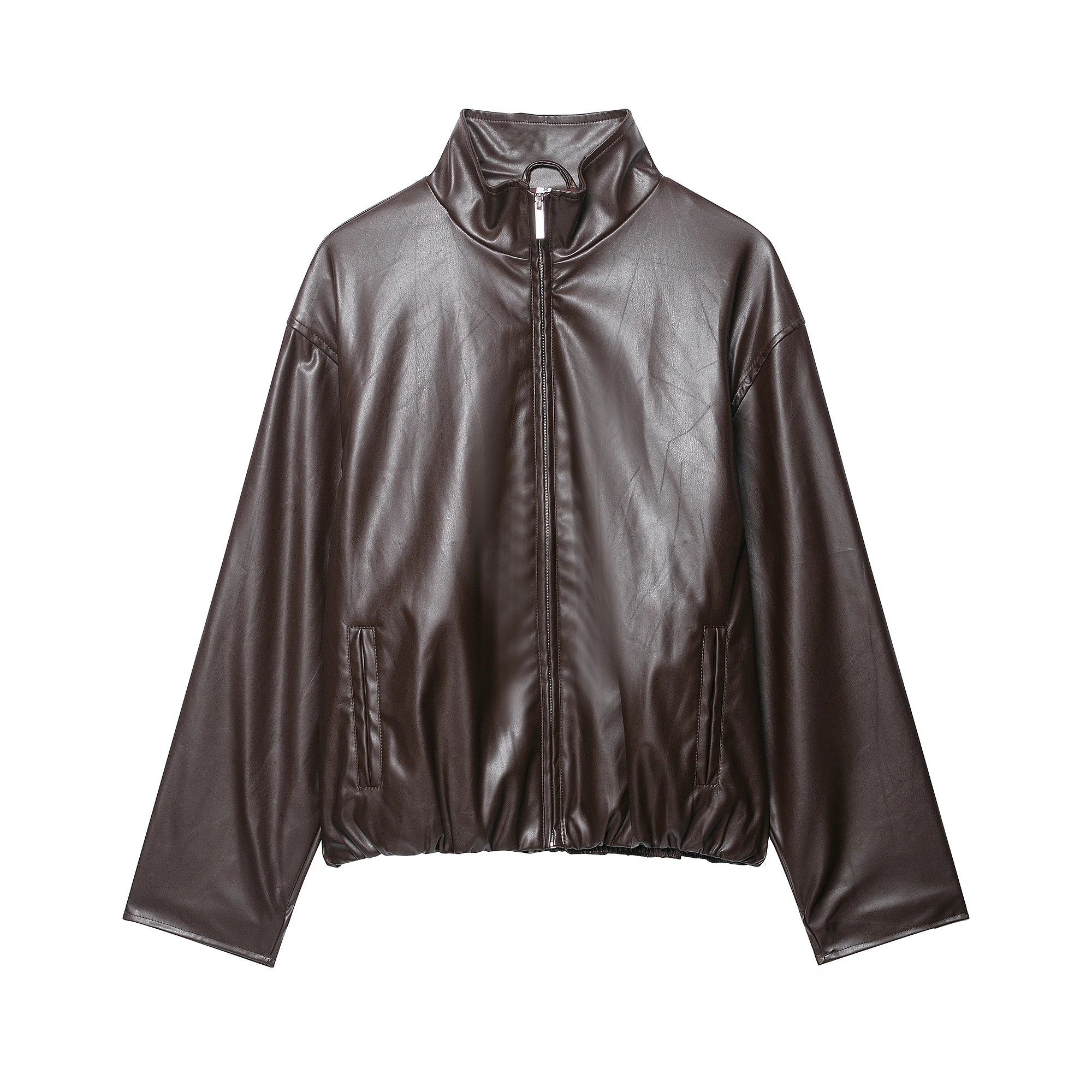 DUOPERI, moda de otoño para mujer, chaquetas de PU lisas con cremallera frontal, informal, cuello alto, manga larga, trajes elegantes para mujer