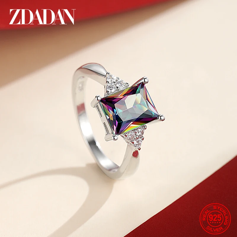 ZDADAN 925 Sterling Silber quadratischer Aquamarin-Ring für Damen, modischer Hochzeitsschmuck