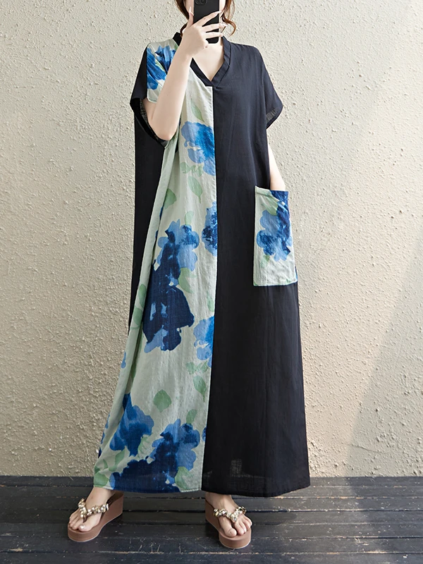 

Женское летучая мышь больших размеров из хлопка и льна V-Ne ort Sve Long Dr Color Blo с высокой талией, летнее повседневное платье