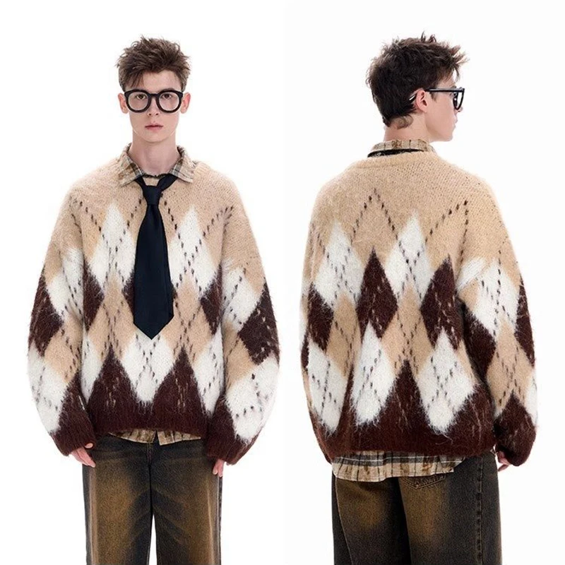 الماس شبكة الرجال عيد الميلاد سترة للجنسين تريكو الخريف الشتاء س الرقبة طويلة الأكمام Argyle تصميم فضفاض البلوز سترة ناعمة #3