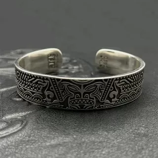 

S925 sterling silver trendy brand retro Mayan totem wide version open bracelet niche hip hop style classic