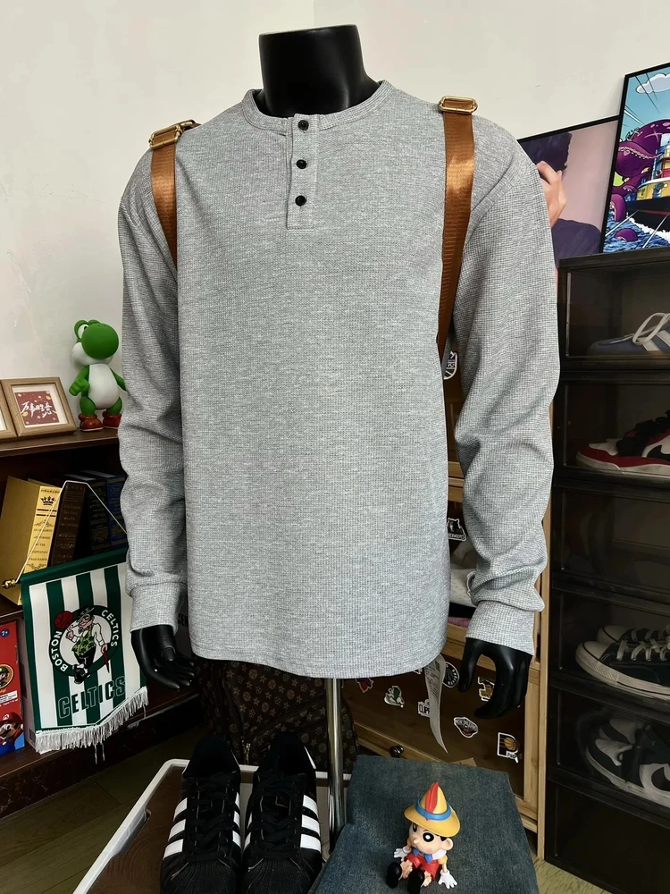 

Cleanfit Henry Collar Long Sve T-irt Men's Heavyweight American Sle Wfle Pattern Base Layer irt for Autumn