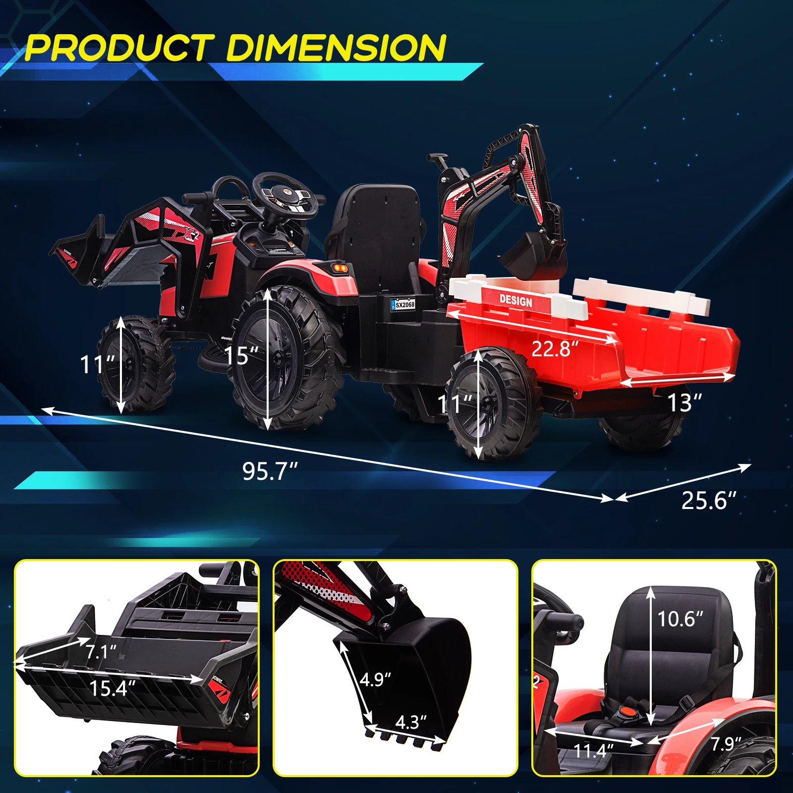 Trattore, escavatore e bulldozer 3 in 1, veicolo elettrico 24 V con rimorchio, secchio per pala, escavatore, telecomando, giocattolo per bambini