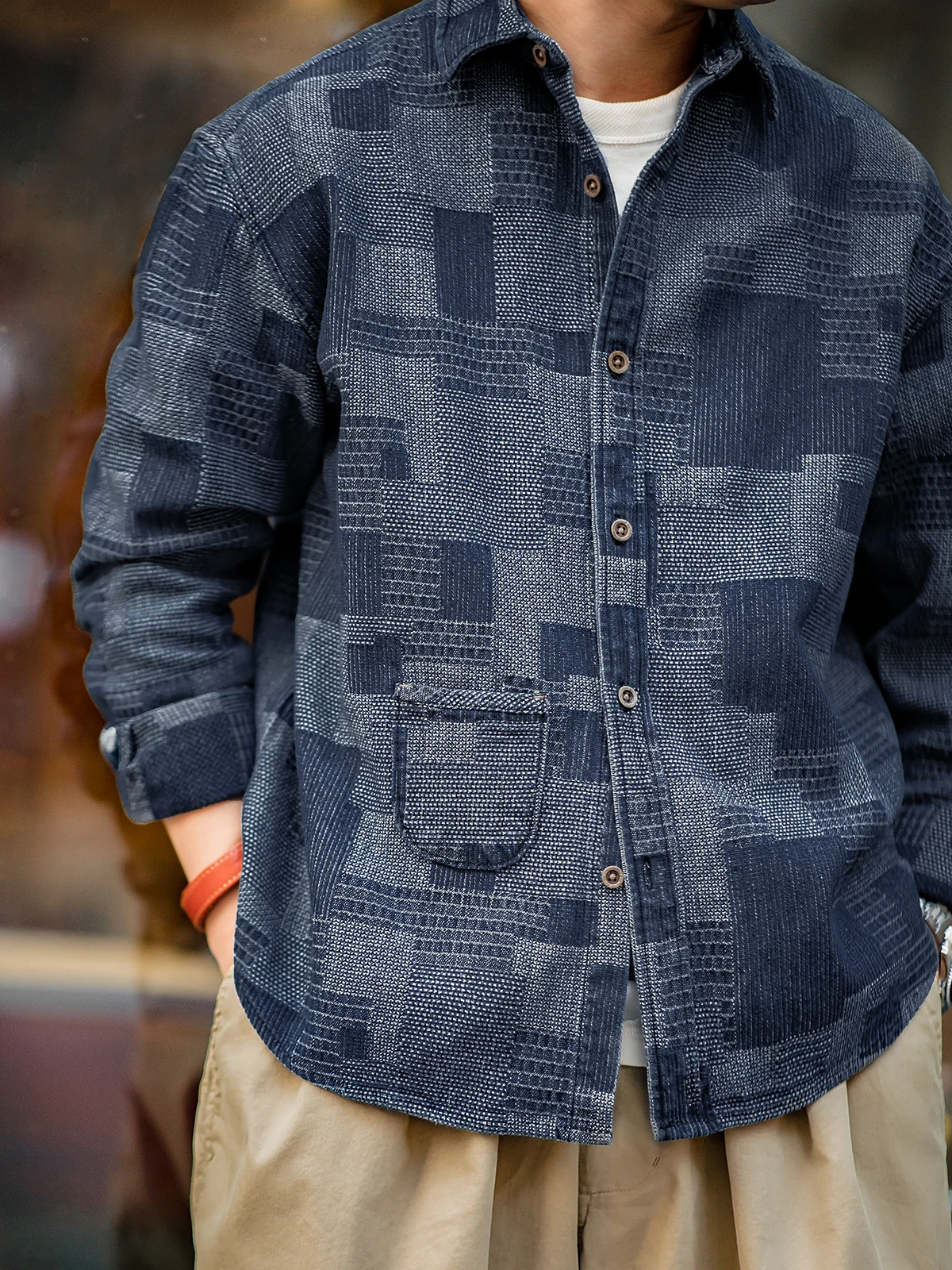 

Maden Workwear American Retro Boro Denim irt Casual Long Sve Men's Autumn Plaid Patchwork Cotton Polyester Blend Spring