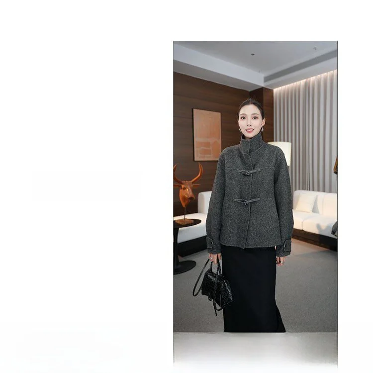 

Шерстяное пальто ZZHOME с маленьким воротником и зебровым узором, на пуговицах из рога, для повседневной носки, длинное, женская верхняя одежда