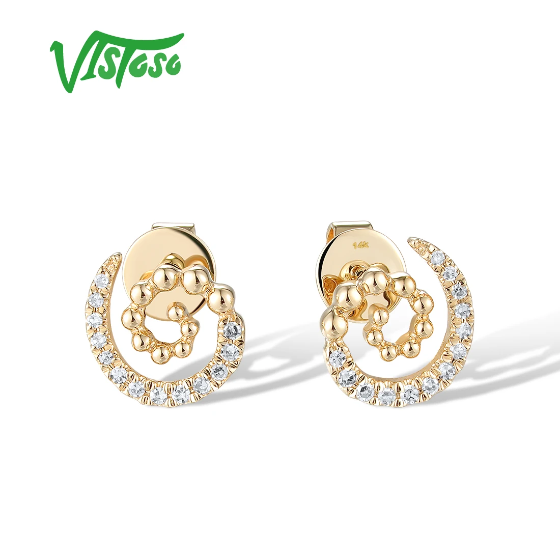 VISTOSO Real 14K 585 Yellow Gold Earrings For Women Sparkling Diamond Green Garnet Spiral Light Weight Wedding Gift Fine Jewelry