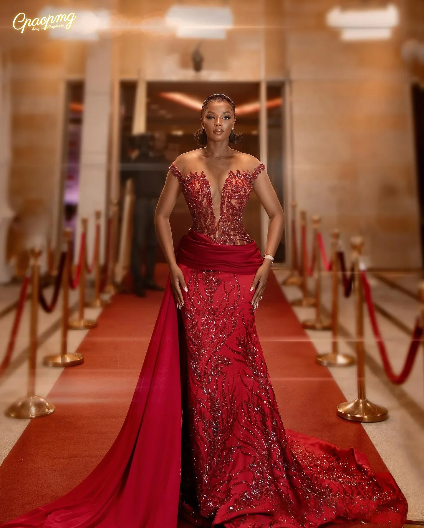 Vestidos de baile vermelhos personalizados sereia vestidos formais de noite frisado renda ilusão mangas curtas vestido