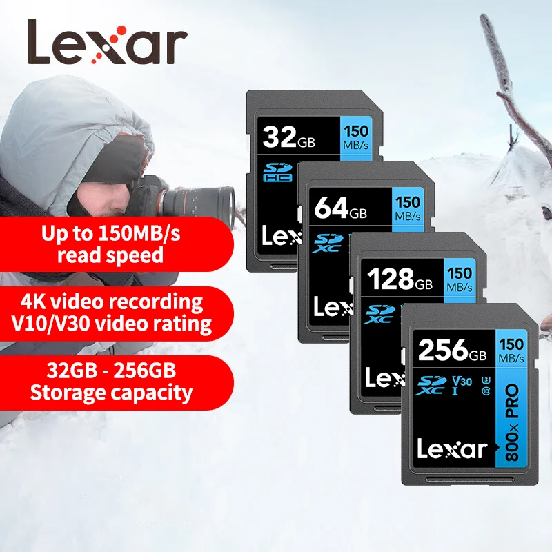 Lexar High-Performance 800xPRO 32GB 64GB 128GB 256GB UHS-I SD Card V30 U3 C10 Memory Card Up to 150Mb/s Flash Card for Camera