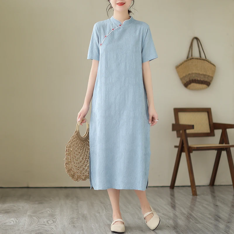 Abito estivo cheongsam in stile cinese retrò al ginocchio manica corta in cotone e lino abito tradizionale cinese per donna TS-844