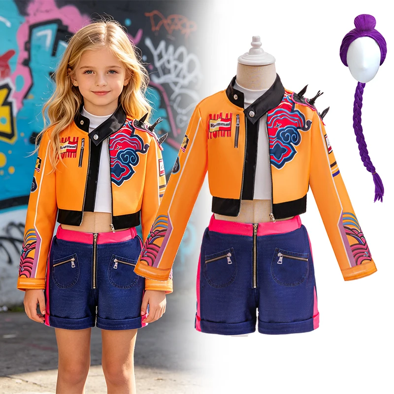 Mädchen Street-Style Cosplay Kostüm-Set 3D-Gedruckte Kurze Jacke Shorts für Halloween Geburtstagsfeier Rollenspiel