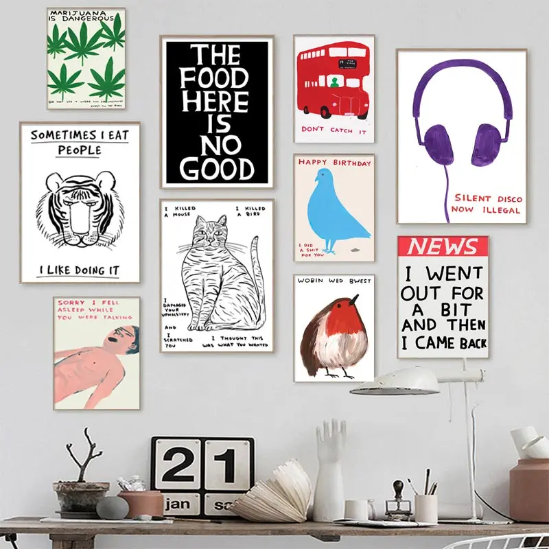 David Shrigley Artwork Poster Prints Pictures Tiger Earphone Crab Ice Cream Cat Wall Art Nordic Canvas Painting for Home Decor