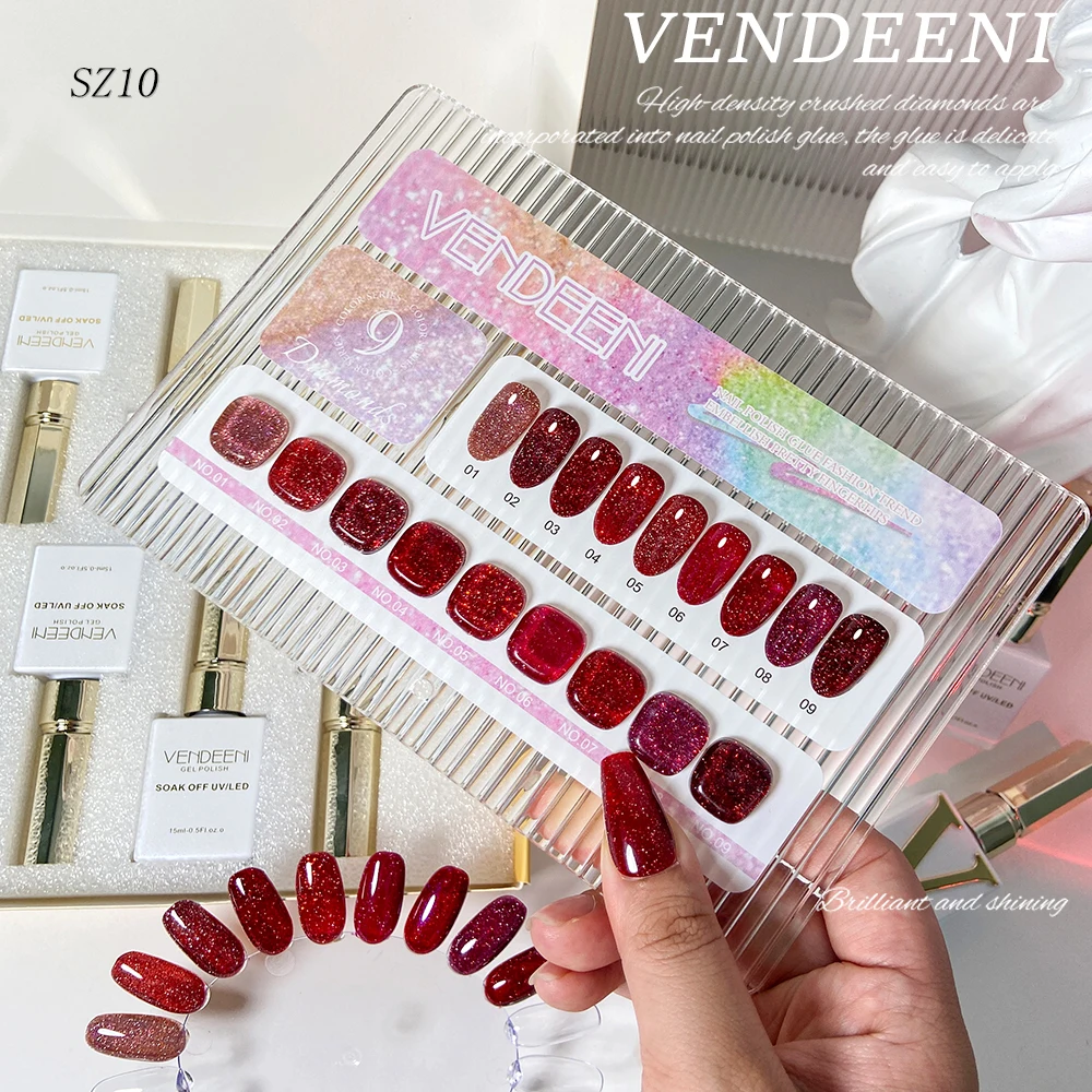 Vendeeni 15ml 9 Color/set Bright Red Glitter Broken Diamond Gel Nail Polish Soak Off UV Led Pure Red Nail Art Varnish