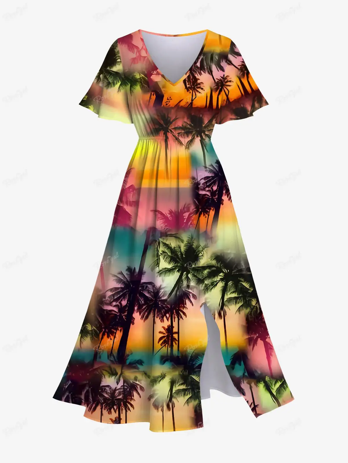 

Женское платье с разрезом, ТРАПЕЦИЕВИДНОЕ платье большого размера с принтом кокосового дерева и гавайским солнцем, 2024