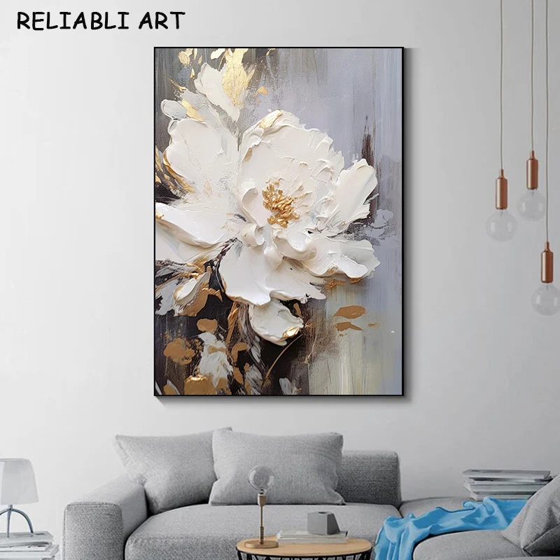 Goden White Flower Oil Painting Poster and Print Printed on Canvas Modern Wall Art Pictures For Living Room Home Decor No Frame