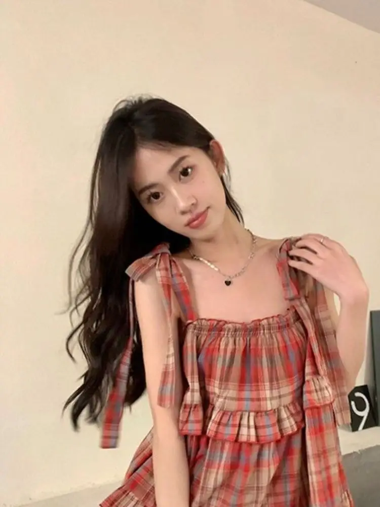 Cute Plaid Doll irt ort Vest Sweet Cool Dstring Rope Square Collar Girl's Faion Retro Sle Spring Season Loose Fit