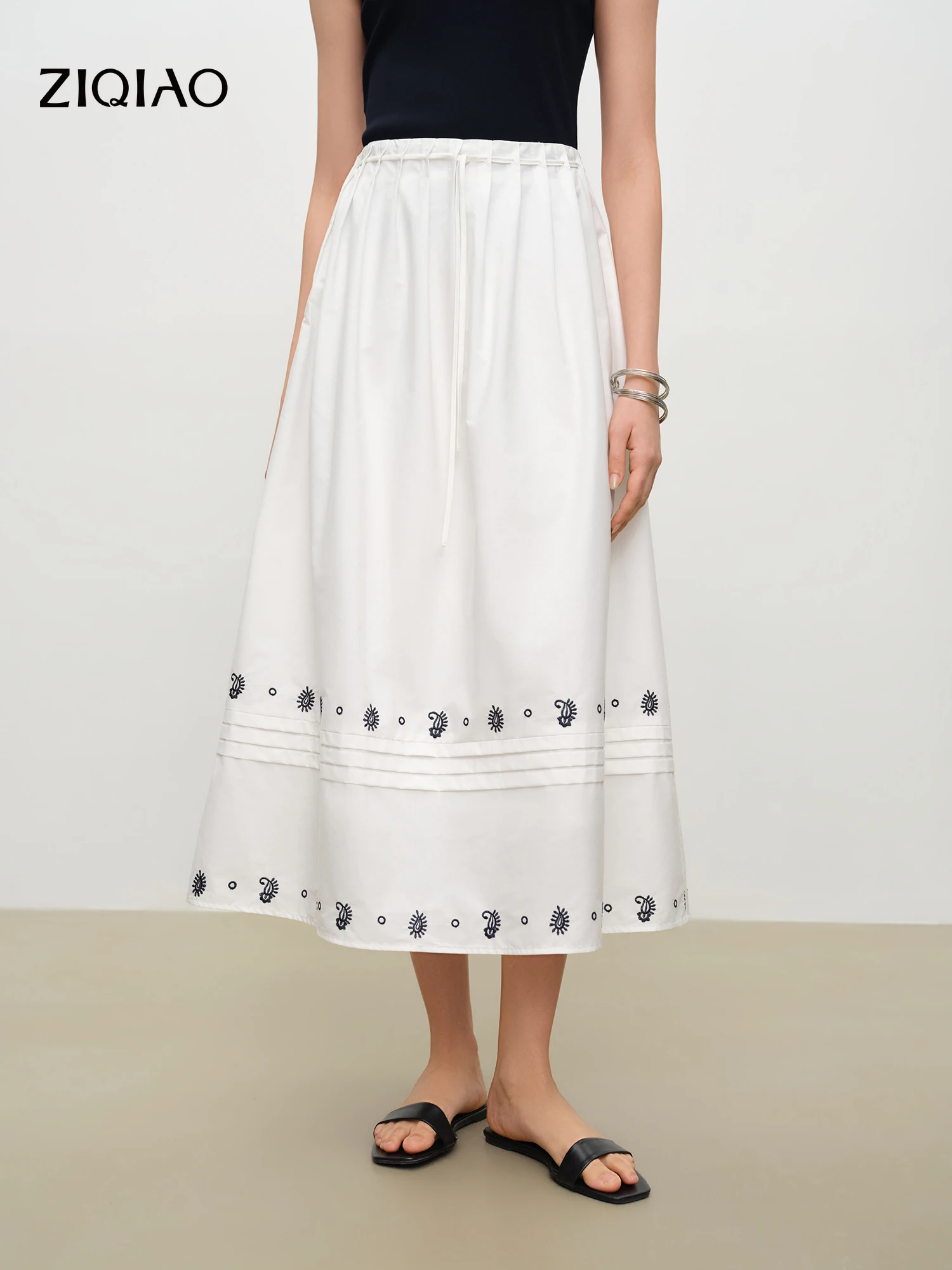 ZIQIAO 2026 Summer Women White Lace Trim Embroidered A-Line Midi Drawstring Waist Skirt Romantic Cottagecore Soft Feminine Style