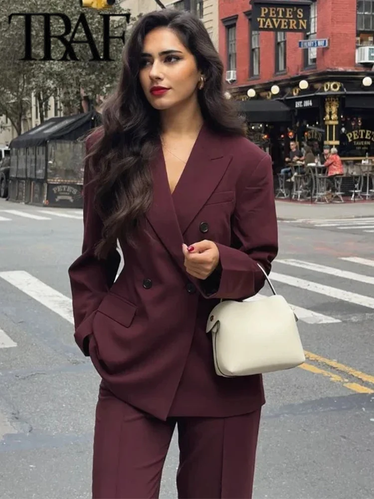 TRAF Women's Burgundy Blazers Elegant Double Breasted Coat Long Sleeve Blazer Jacket 2024 Autumn Lady Office New Outerwears