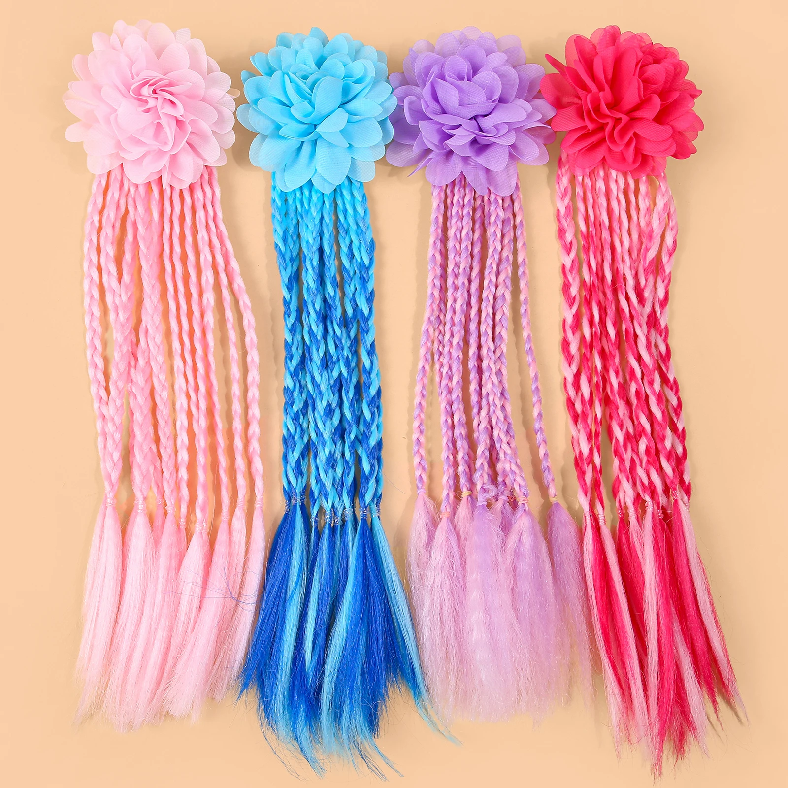 1/4pcs Chiffon Floral Gradient Color Multi-Strand Braid False Ponytail Hair Band For Girls Kids Women Daily Party Hair Accessory