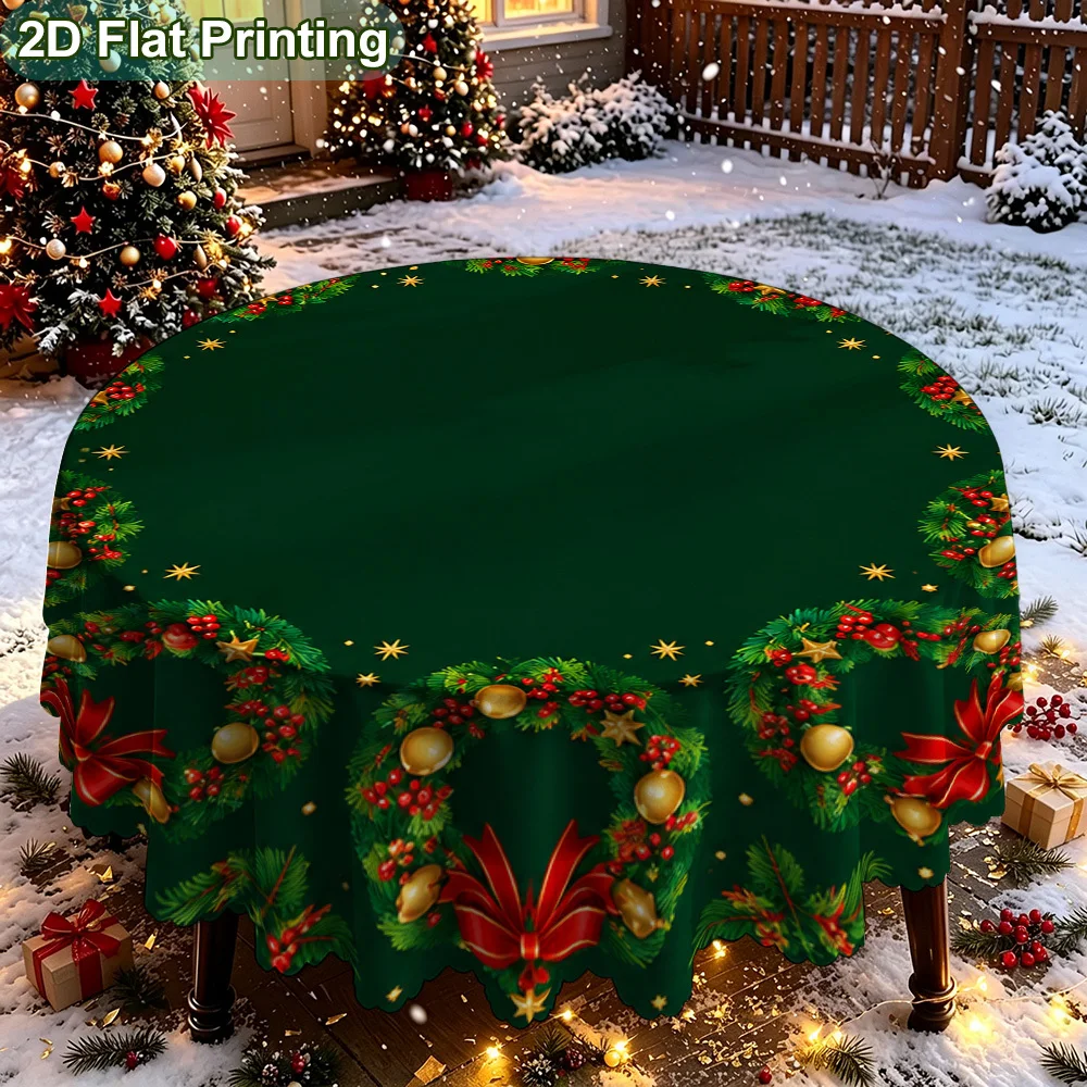 1-Pack Christmas Wreath Printed Round Tablecloth