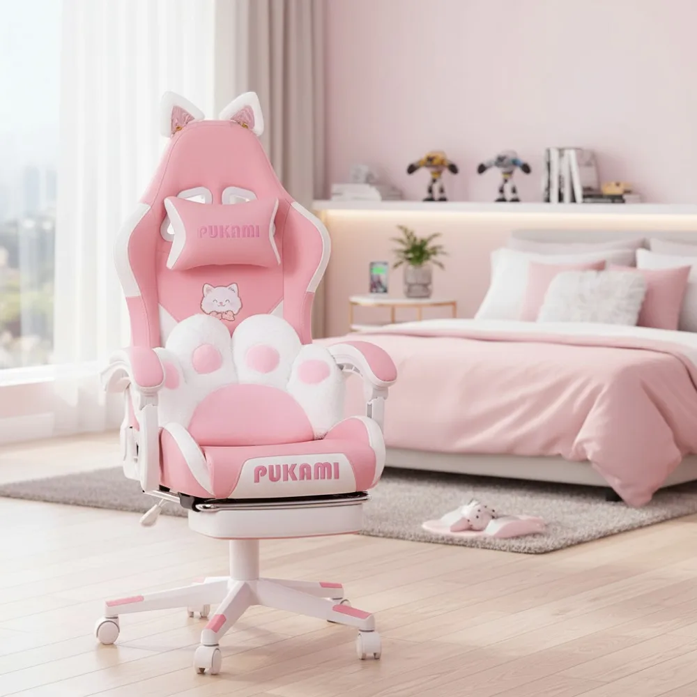 كرسي ألعاب على شكل أذن قطة وردية مع مسند للقدمين، كرسي كمبيوتر مريح للفتيات، كرسي ألعاب للكمبيوتر الشخصي للبالغين والمراهقين