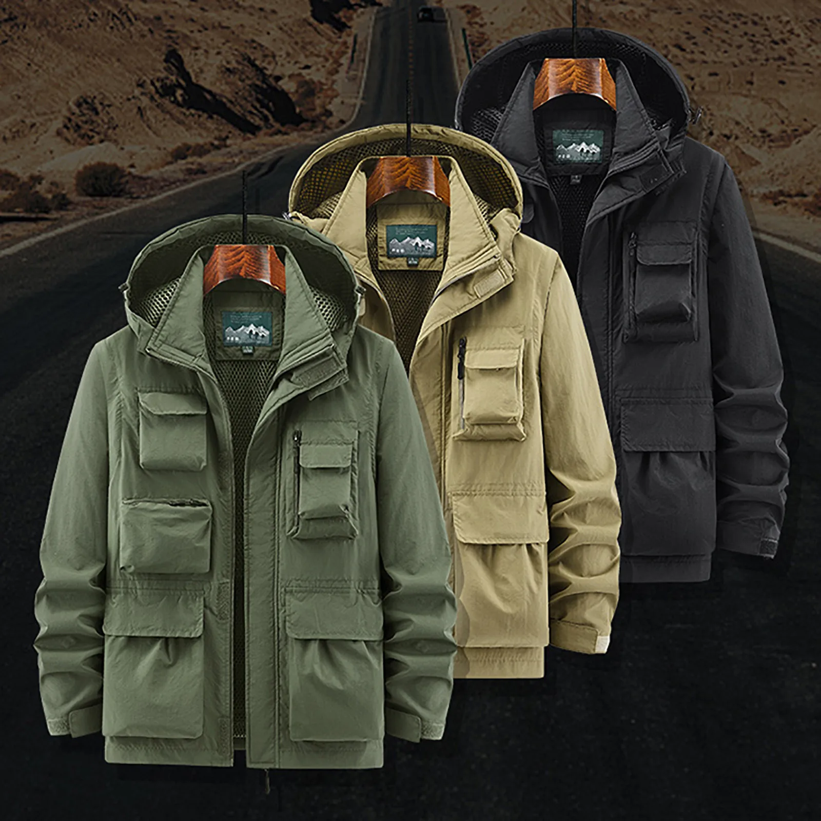 Man Cargo Jacket Autumn Long Sleeve Detachable Sleeve Jacket Multi Pocket Zipper Hooded Detachable Hat Winter Jacket Coats