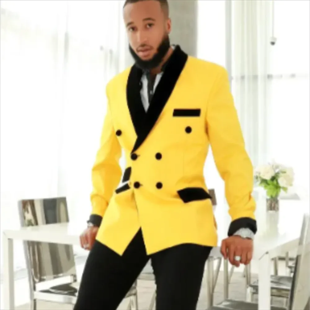 Fashion Men\'s blazer Slim Elegant Velvet Shawl Lapel Double Breasted Suit Coat Prom Party Wedding Male Jacket Only 1 Piece