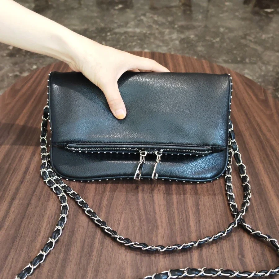 Fashion Rivet Women Chain Crossbody Bag Pu leather Lady Shoulder Purse Large Capacity Classic Black Fold Envelope Bag