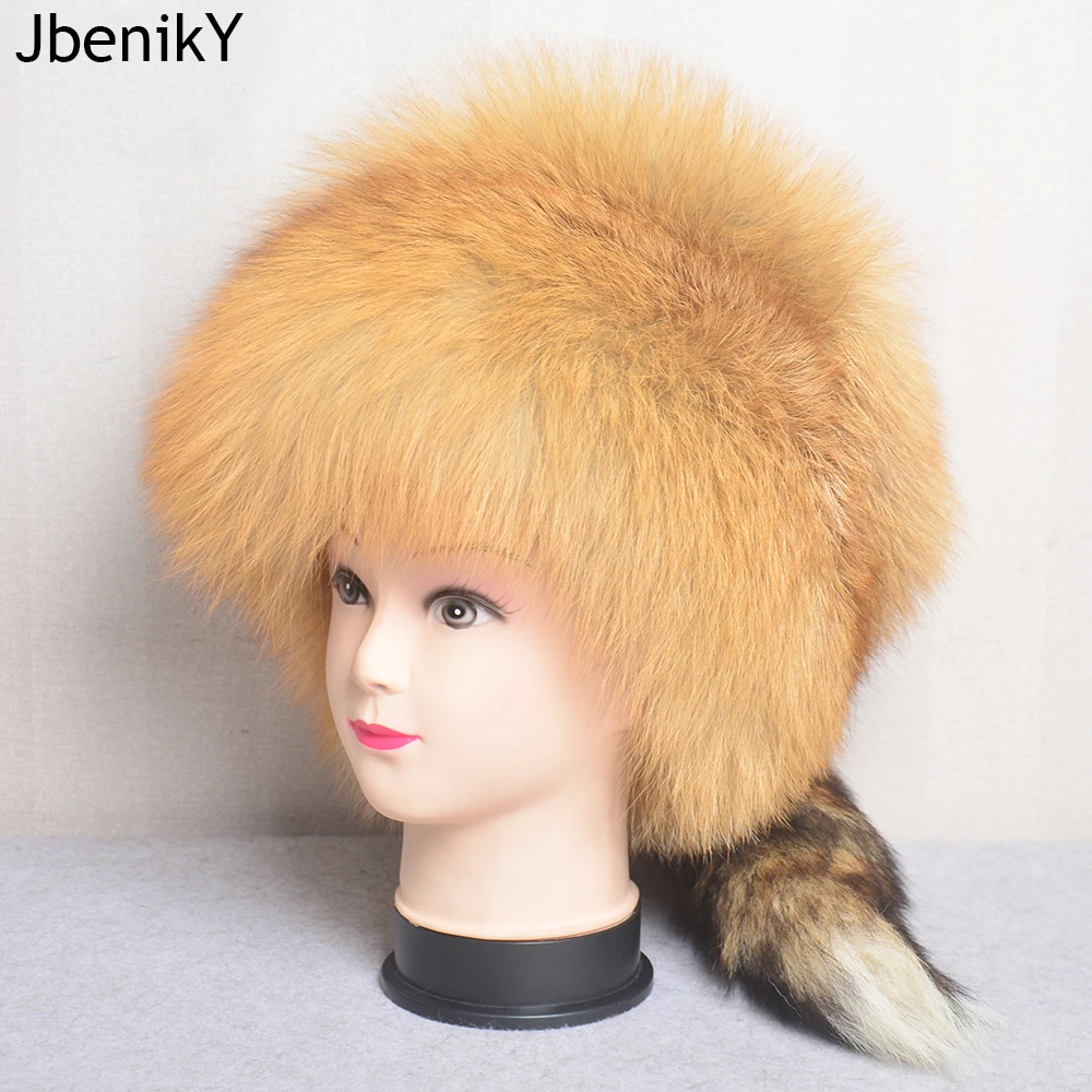 

Thickened Snow Outdoor Russian Style Winter Cap For Women Handmade Warm Fluffy Outdoor Female Natural Fox Fur Tail Ushanka Hat