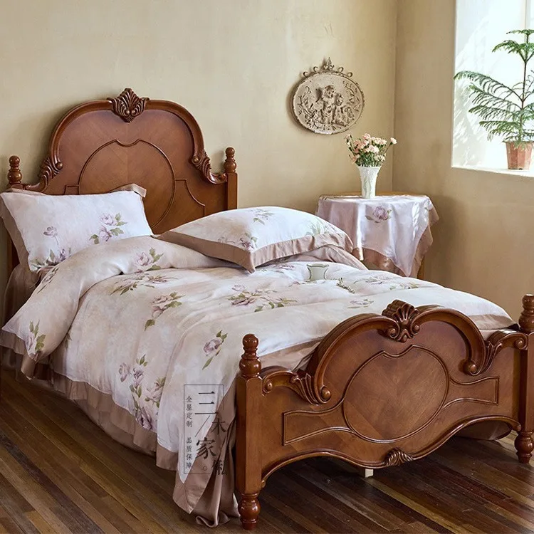 

Solid wood retro princess French medieval carved children's furniture factory direct sales double bed