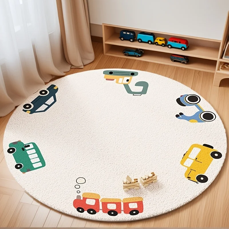 Cute Cartoon Train Car Kids Round Area Rug Plush Nursery Decor Bath Mat Playroom Carpet for Toddler Children Room