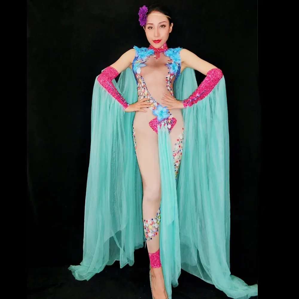 Kolorowy Kryształowy Kombinezon z Kwiatami dla Piosenkarki, Tancerki, na Koncert, Występ Sceniczny, Imprezę, Kostium Drag Queen