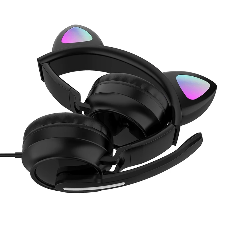 Retail Zw-058 Glow Cat Ear Wired Headphones Stereo Gaming Headset With Mic Lightweight Over Ear Headphones For Girl