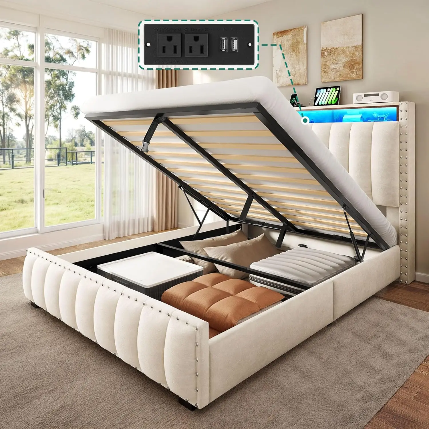 إطار سرير للتخزين مع محطة شحن سرير بمنصة منجدة مخملية مع أضواء RGB LED للتخزين اللوح الأمامي Wingback R