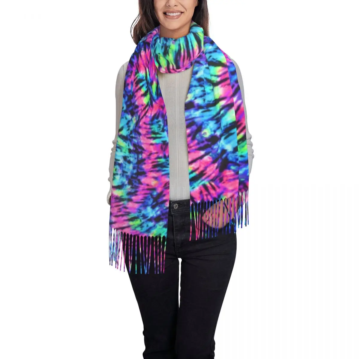 Funny Tie Dye Scarf Women Colorful Print Art Scarves Wraps with Long Tassel Winter Casual Shawls Wrpas Warm Soft Custom Bandana