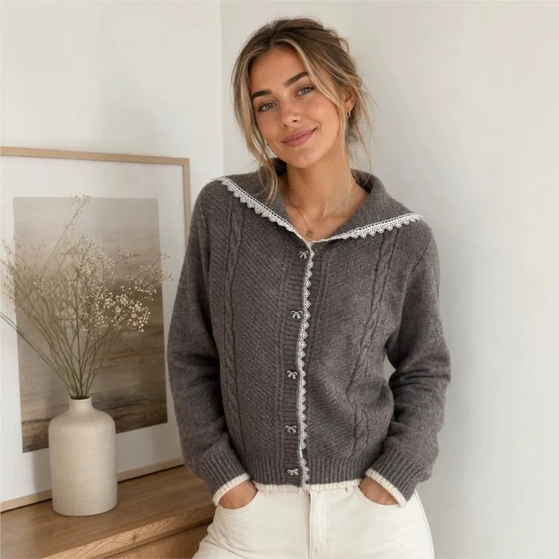 MsChuh Women's Cardigan All-match Loose Simple Style Sweater Jumper Comfortable Commuting Temperament Fresh Sweet Lace Contrast