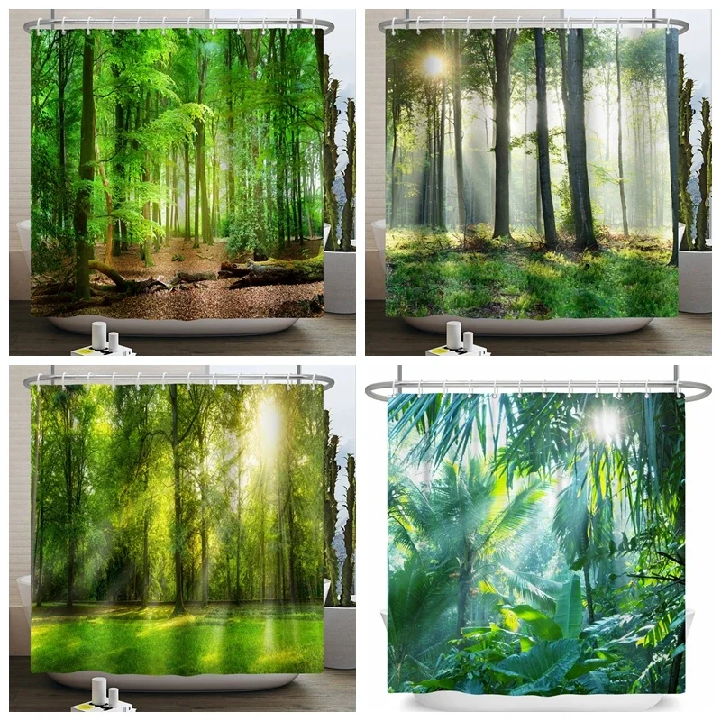 Natural Scenery Forest Shower Curtain Summer Jungle Tree Sunlight Landscape Bathroom Curtain Home Decor Waterproof Bath Curtain