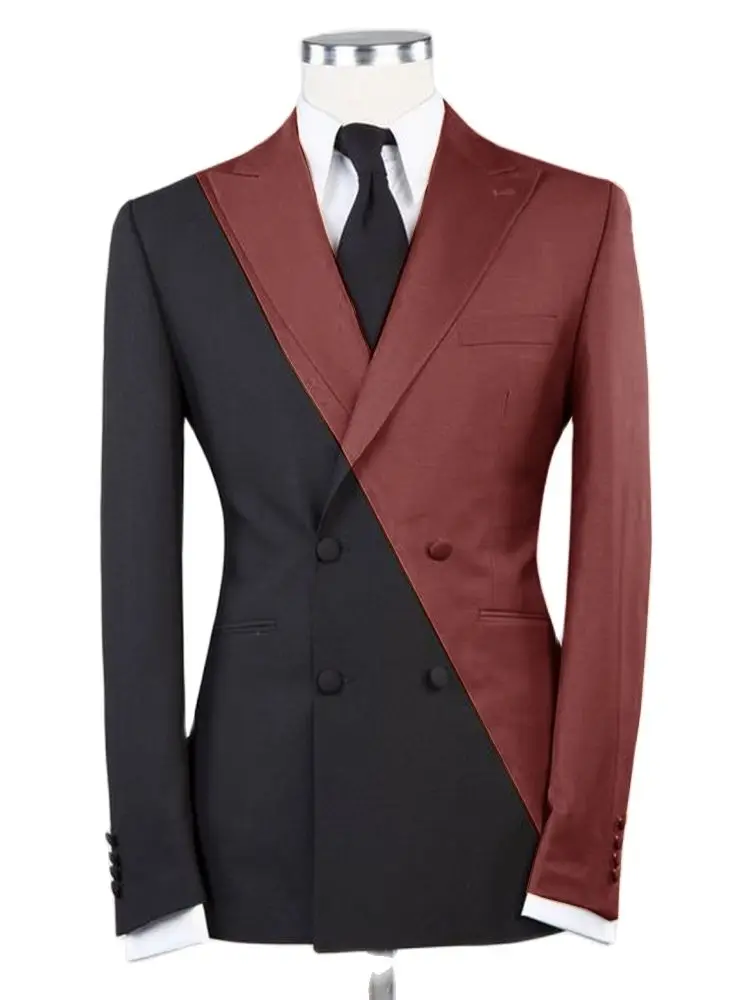 ชุดสูทผู้ชายแบบลำลอง ดีไซน์ต่อผ้า ทรงปกติ 2 ชิ้น เสื้อเบลเซอร์และกางเกง ชุดสูทดีไซน์ทันสมัยสำหรับผู้ชาย ดูดีมีสไตล์