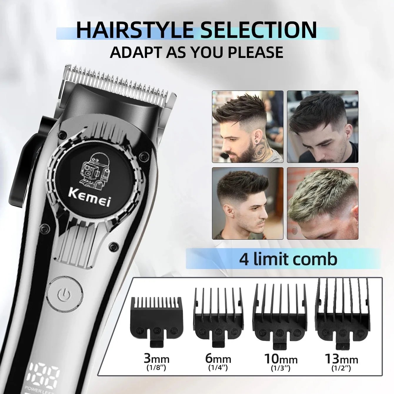 Kemei Professional Electric Barber Hair Clipper Rechargeable Hair Trimmer Powerful Beard Razor Cordless Men Hair Cutting Machine