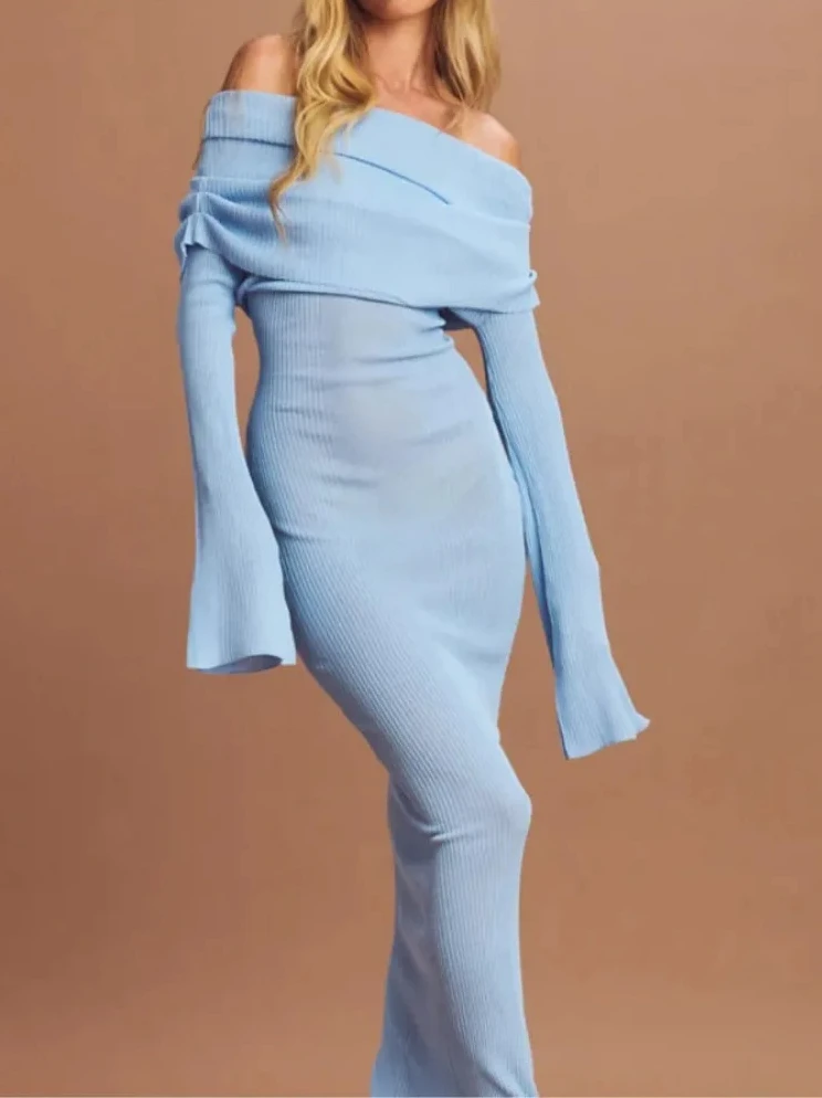 

Women's Solid Color Knit Dress, Long Sleeve Off Shoulder Sexy Bodycon Maxi Dress, Spring Autumn Slim Vestidos Para Mujer