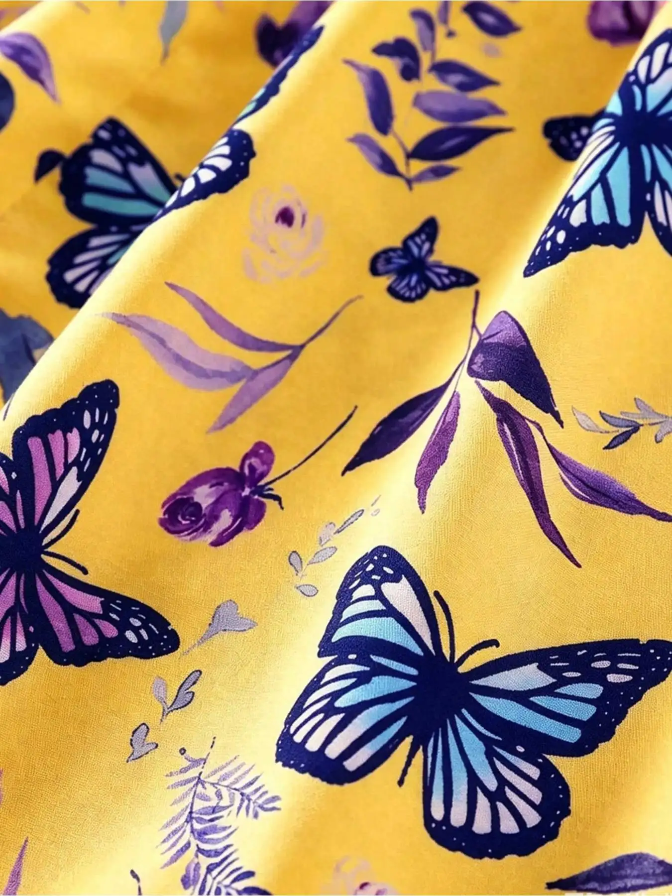 Kinder-Freizeitkleid mit Rundhalsausschnitt, ärmellos, Schmetterlings- und Blättermuster, tailliert, mittellanger Rock, bequeme Kleidung – Detail 6