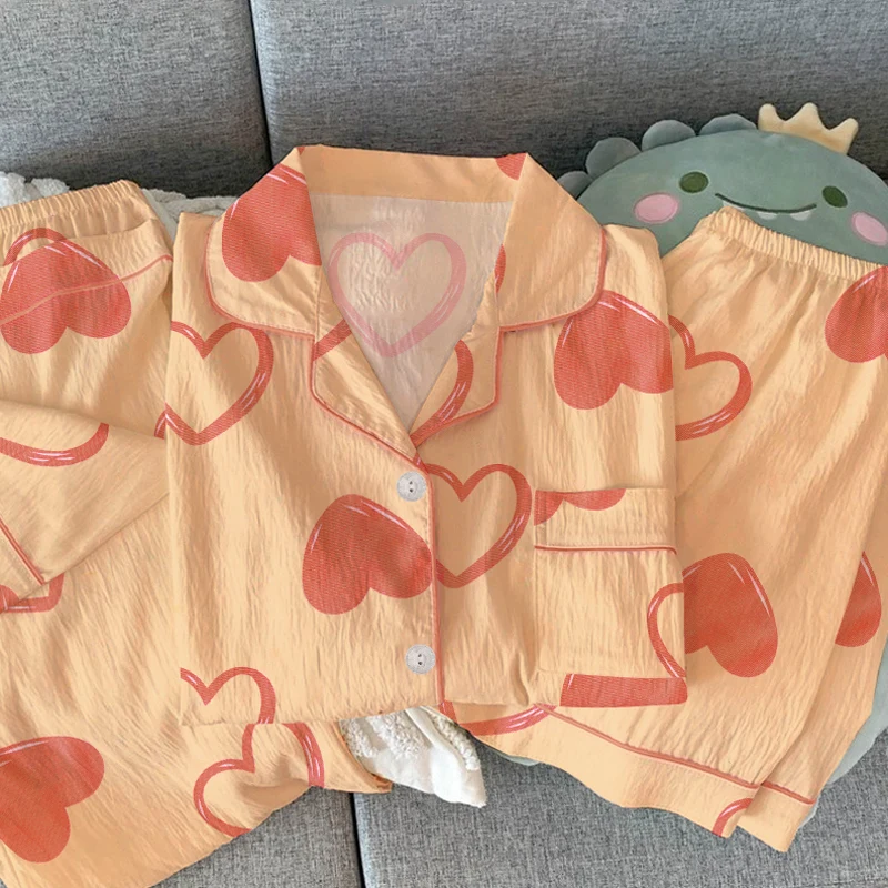 

Корейские милые милые женские пижамы из 3 предметов с принтом Love, новые короткие летние повседневные мягкие пижамы для женщин, простая одежда для сна с лацканами и воротником