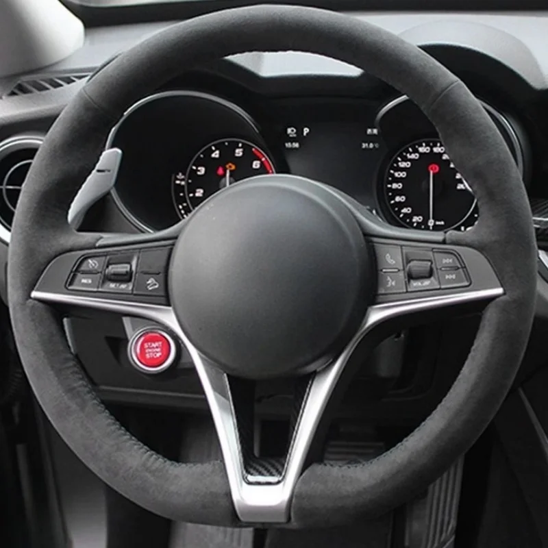 

Custom Auto Interior Hand-stitched Black Comfy Breathable Suede Leather Car Steering Wheel Cover For Alfa Romeo Giulia 2016-2020
