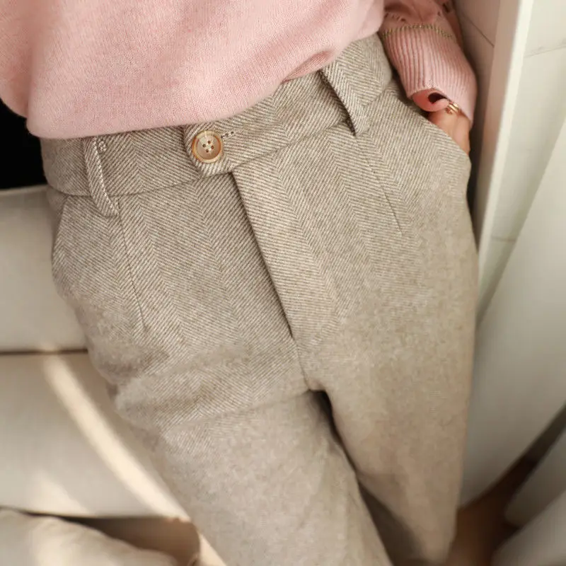 

Woolen Pants Women Harem Pencil Autumn Winter Elegant High Waisted Casual Suit Office Lady Trousers Ankle-Length Pants