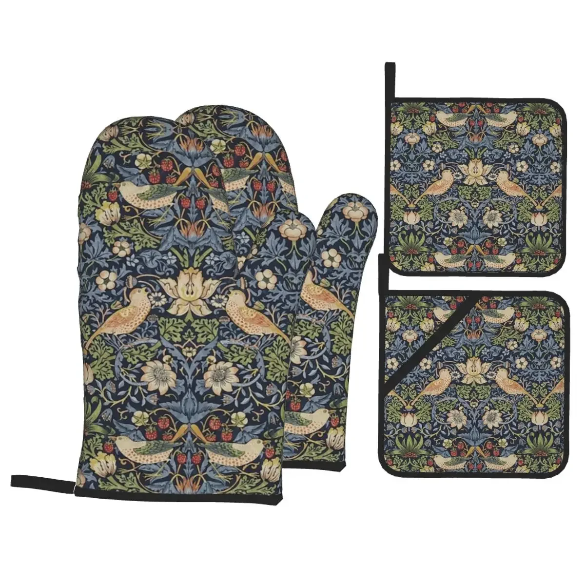 

William Morris Strawberry Thief Oven Mitts and Pot Holders for Kitchen Sets of 4 Heat Resistant Baking BBQ Cooking Gloves