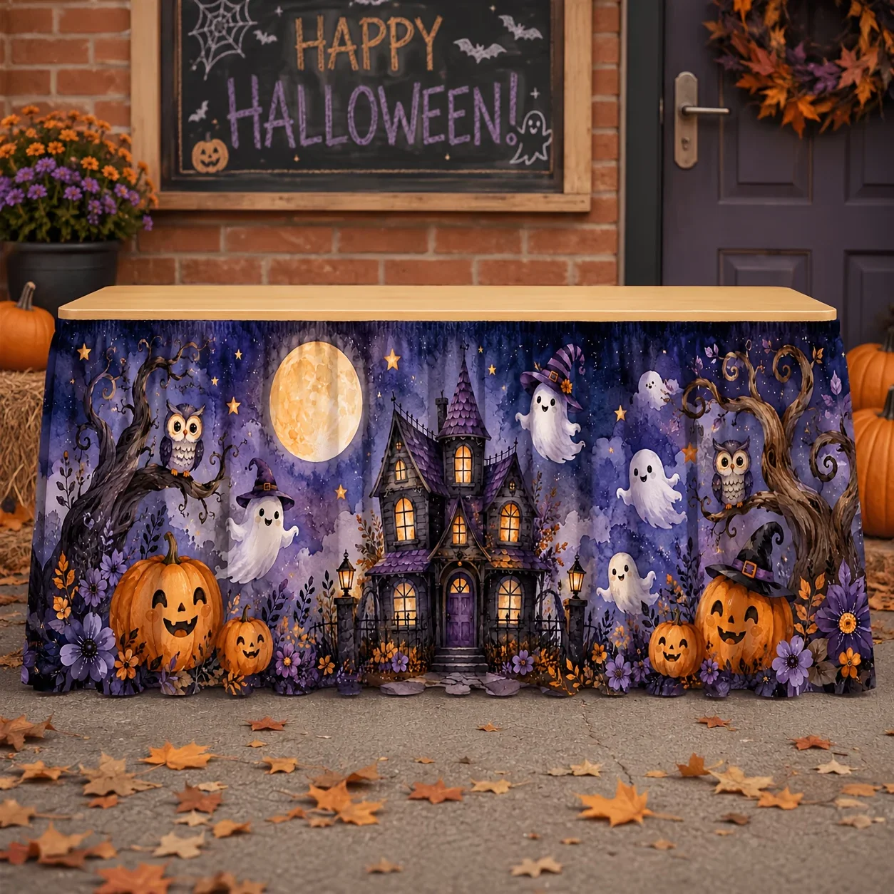 One rectangular tablecloth, suitable for Halloween table decoration - Watercolor Purple Haunted House Tableclothxzj