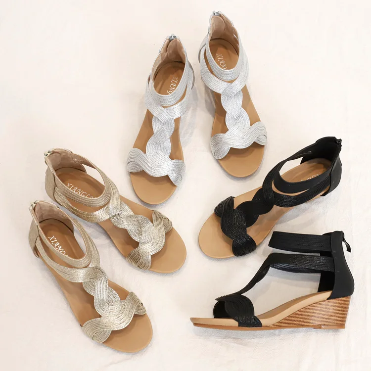 

Women Summer Wedge Sandals Fashion Slender Back Zipper Roman Shoes Plus Size