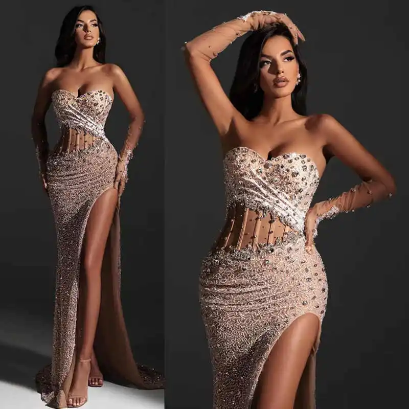 

Сексуальные платья Русалка Вечернее платье без рукавов Милая блестки Аппликации 3D Кружево с полыми боковыми разрезами и бусинами Платье для выпускного вечера по индивидуальному заказу