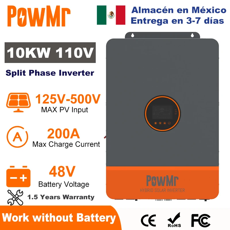 PowMr 10KW Split Phase Inverter 48V 110V 220V Hybrid Solar Inverter Dual MPPT Dual Output On Grid with MPPT 200A Solar Charger