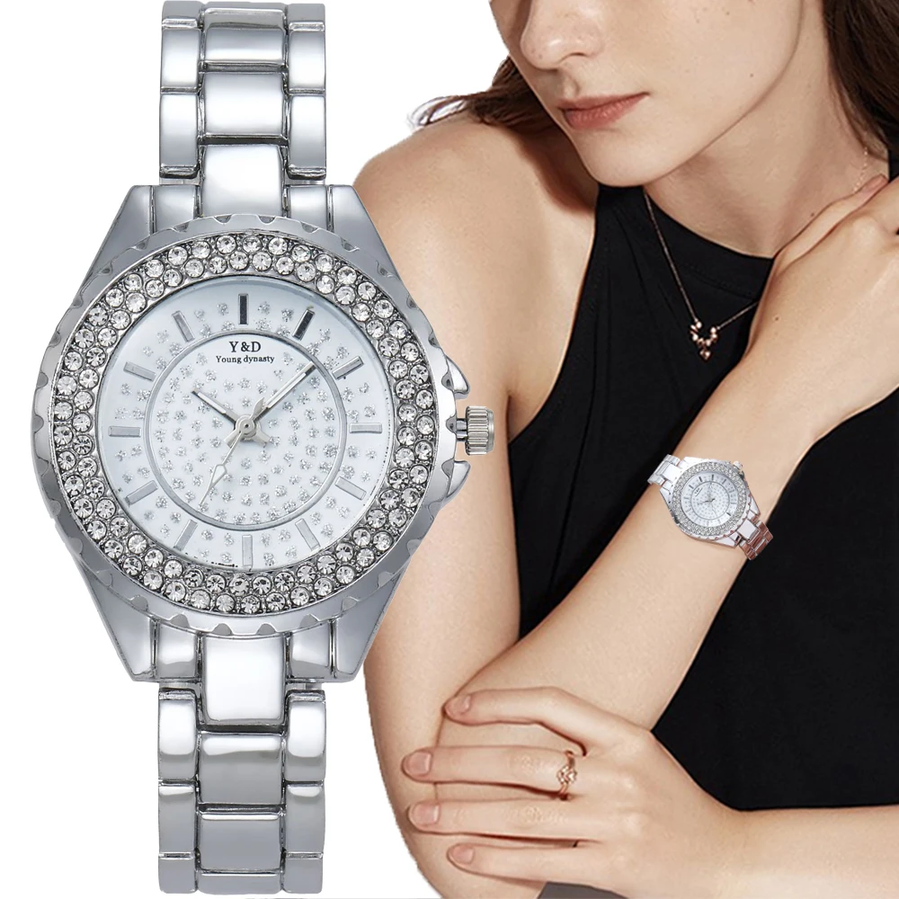 Luxury Brand Women's Watch Metal Strap with Full Star Rhinestone Metal Strap Quartz Watch for Women Timepiece